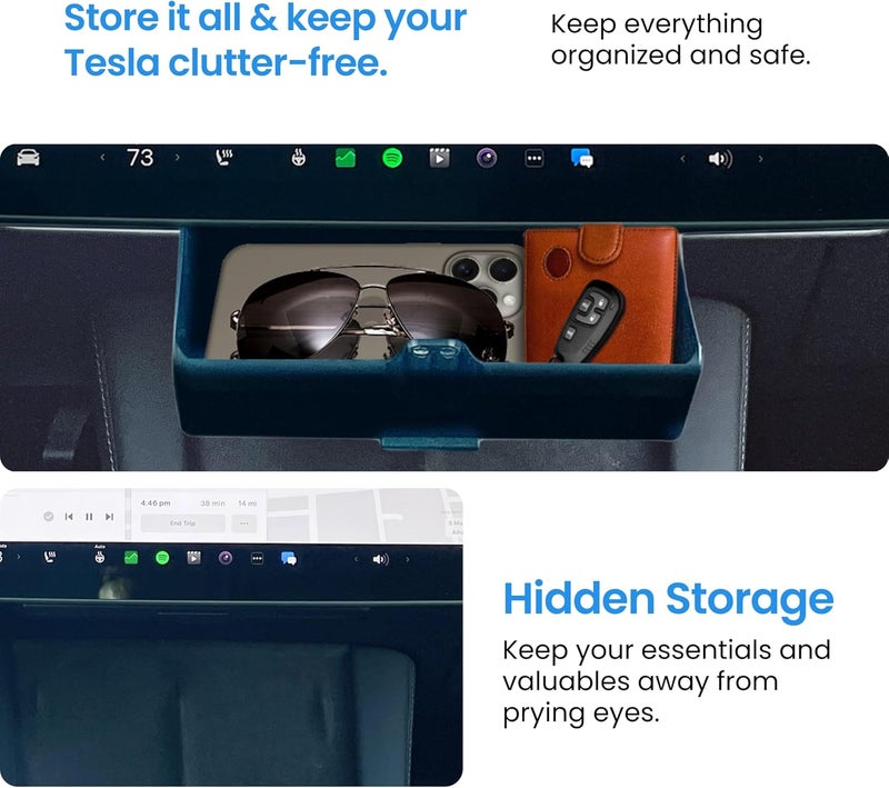 DockCharged Store Hidden Under Screen Storage Box for Tesla Model 3 2019~2023 and 2024 and Earlier Model Y - Closeable Tesla Center Console Organizer - Perfect for Sunglasses, Mobile Phone and Key Cards - Image 2